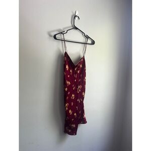 Burgundy 100% Silk Floral V Neck Slip Dress Velvet Bow Medium Lingerie Silk Slip